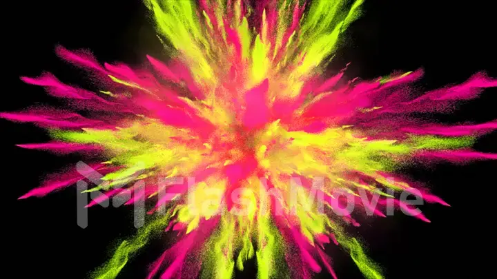 CG 3d illustration of powder explosion with blue and violet colors on black background. Slow motion movement with acceleration in the beginning