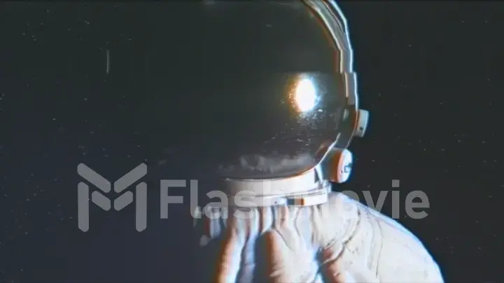 3d illustration in the style of an old broken TV with the effects of noise, glitch, and shromatic aberrations. Circular light flashes around an astronaut on starry background.