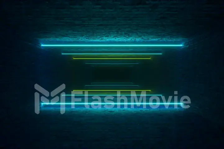 Flying through glowing neon lines creating a brick tunnel, green blue spectrum, fluorescent ultraviolet light, modern colorful lighting, 3d illustration