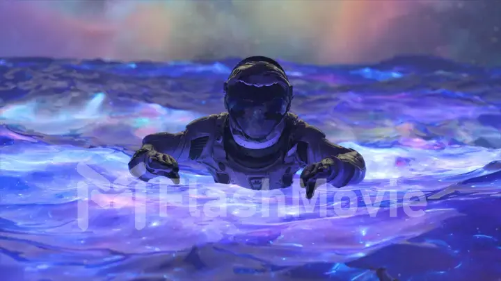 Space abstract concept. The astronaut swims in the blue space water. Neon color. Aurora Borealis.