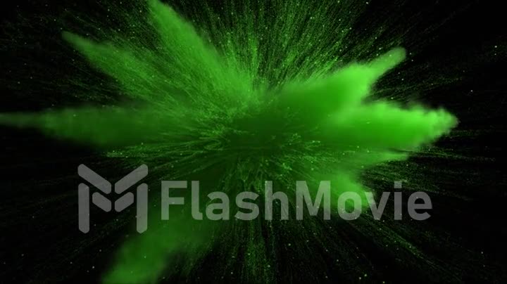 Green color powder explosion on black isolated background