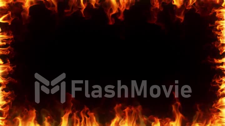 Fire burning in slow motion. A fiery frame surrounding the screen on black isolated background. Seamless loop 3d render