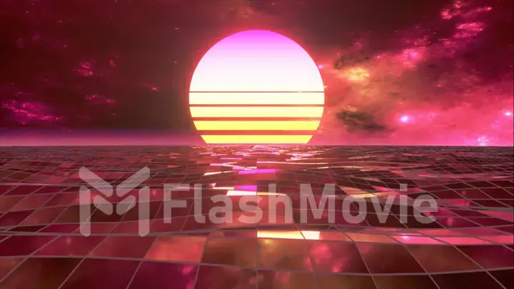 Retro 80s style. Fly endlessly over the digital ocean. Dolphins are jumping over the water. Colorful retro sunset. 3d illustration