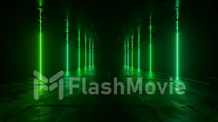 Futuristic sci fi bacgkround. Green neon lights glowing in a room with concrete floor with reflections of empty space. Alien, Spaceship, Future, Arch. Progress. 3d illustration