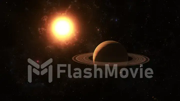 The sun shines on Saturn in space high quality 3d illustration.