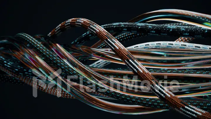 Tangled wires, ropes and transparent tubes move randomly on a black background. Knot, ligament, twisted.