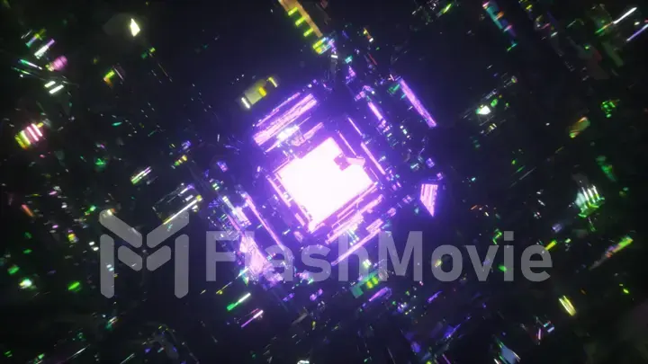 Flight through the dark tunnel towards the purple neon light. Laser glow. Neon backgrounds. 3d illustration