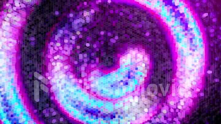 Abstract swirl of neon pixels moves counterclockwise. Blue pink color. 3d animation of seamless loop