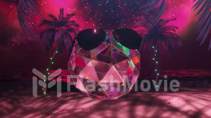 The diamond sphere in black glasses moves to the music, Palms and illuminations in the background. Pink neon color.