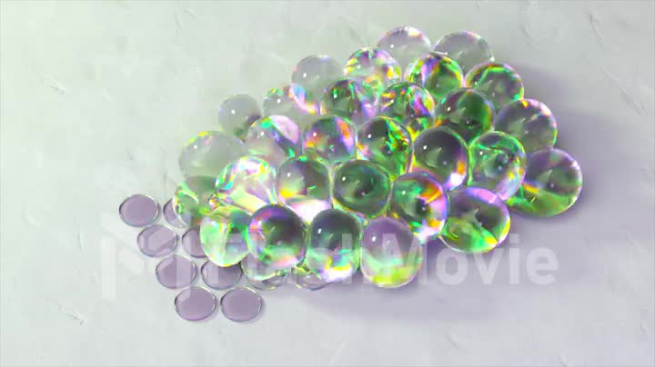 Abstract concept. Transparent bubbles with green liquid inside are inflated on a grid of circles. 3d animation