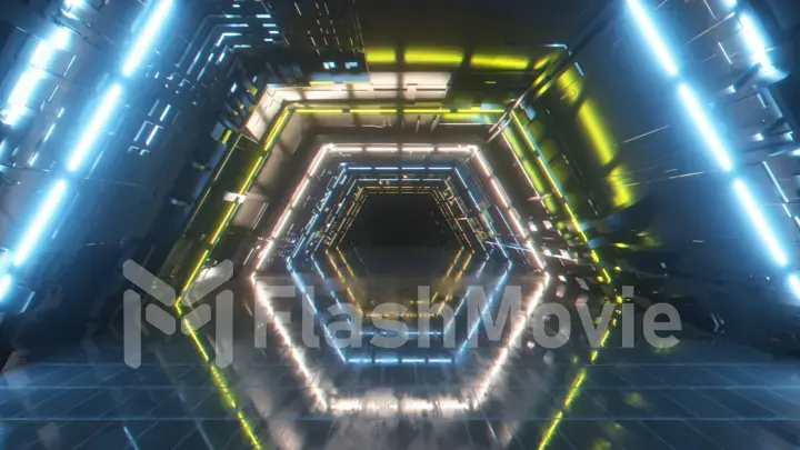 Flying in a bright neon geometric tunnel. Future technology. Modern color spectrum. Room interior with glowing neon fluorescent lamps. Futuristic architecture background. 3d illustration