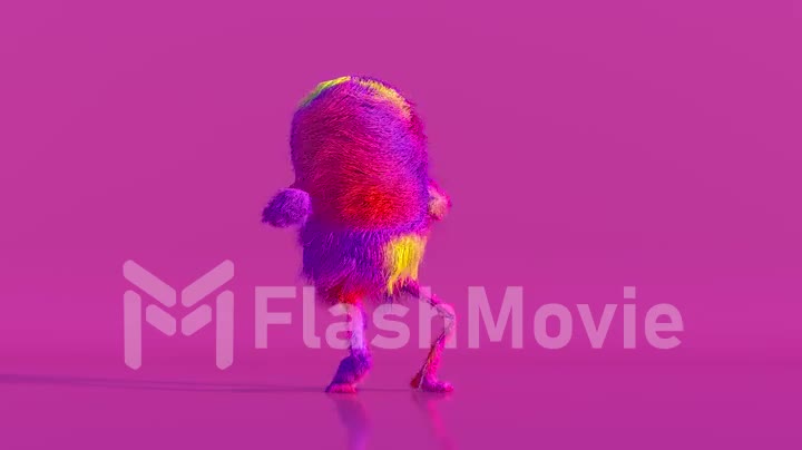 Cheerful colorful hairy cartoon dancing character, furry animal, having fun, furry mascot animation. Modern minimalist design.