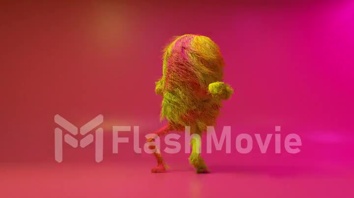Cheerful colorful hairy cartoon dancing character, furry animal, having fun, furry mascot animation. Modern minimalist design. Flashing neon club light