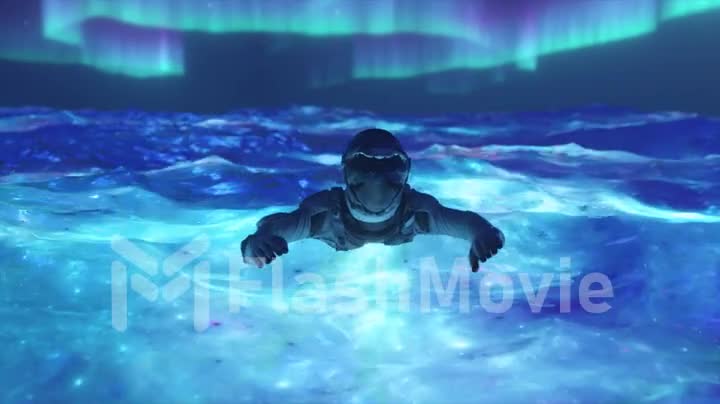 Space abstract concept. The astronaut swims in the blue space water. Neon color. Aurora Borealis. 3d animation