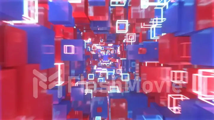 Flying in abstract motion space of colorful red and blue cubes with neon glowing cubes. 3d illustration