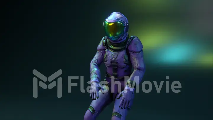 An astronaut in a spacesuit dances disco in a nightclub. Purple blue flashing neon light. 3d illustration