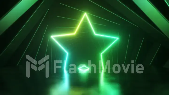 Green neon star surrounded by rotating squares. Tunnel. Scene. Disco. Night club. 3d illustration