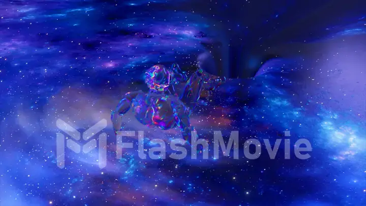 Diamond Man escapes from a cosmic vortex that pulls him into the depths. Galaxies, space, stars on the floor. Danger