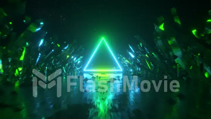 Flying in abstract space along crystals and rocks. Modern ultraviolet blue green neon light spectrum. Mysterious cosmic landscape, virtual reality, outer space. 3d illustration