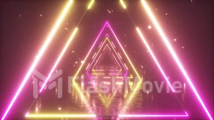 Flying through glowing neon triangles with metal floor creating a tunnel with fog, yellow pink violet spectrum, fluorescent ultraviolet light, modern vj colorful lighting, 4k seamless loop animation