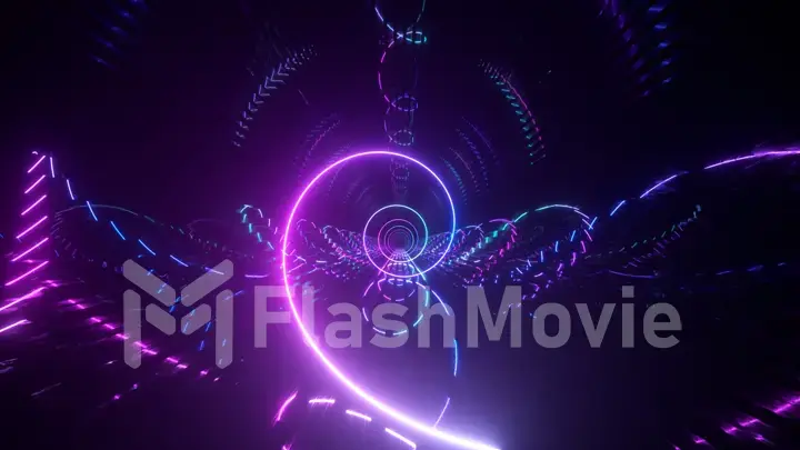 Gradient neon spiral metal tunnel background. Endless flight forward. Modern neon lighting. 3d illustration