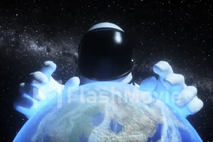 An astronaut stretches his hands behind the planet Earth in outer space against the background of the Milky Way. Concept of space exploration and planets. 3d illustration