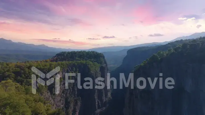 Aerial drone view of a large deep canyon. Sheer cliffs and green trees. Wildlife concept. Sunset background