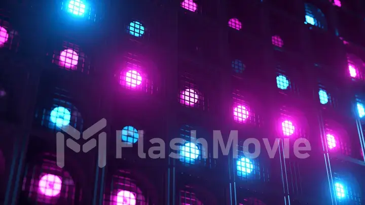 Flicker wall lights. Flashing lights Lanterns for clubs and discos. Matrix beam headlights. Nightclub halogen lamp. Modern neon spectrum. 3d illustration