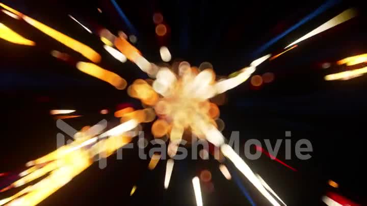 Golden shining rays of light fly through space on a dark background. Bokeh. Blur. Sparks. 3d animation of seamless loop