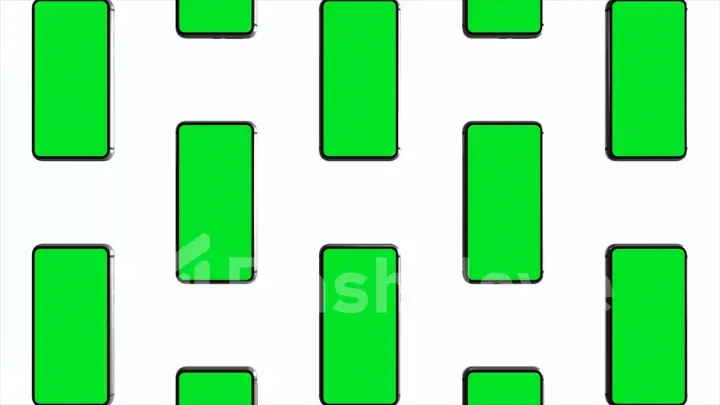 Mobile phones with blank green screen, front view, isolated on white background. A grid of phones moving up and down. 4K animation for presentation on screen layout. 3d illustration