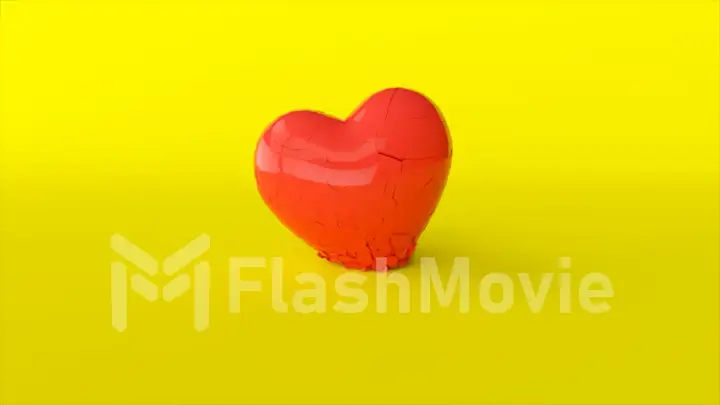 The red heart breaks to smithereens on the yellow surface. Broken heart concept. 3d illustration