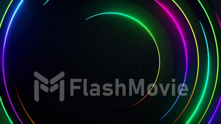 Radial abstract neon background. Laser neon lines move in a circle along a circular dark geometry. Conceptual technology background. Rainbow light spectrum. 3d illustration