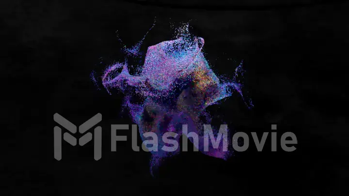 Whirlwind of colored particles on a black isolated background. Video animation with surreal liquid color mixing splash