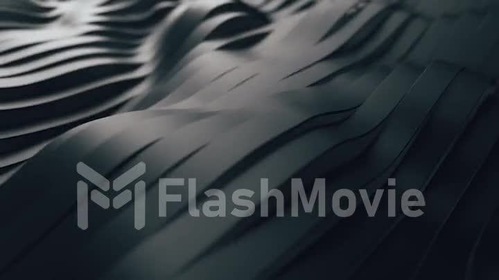 Abstract background with black wavy stripes. Modern black background template for documents, reports and presentations. Sci-fi futuristic. 3D animation of seamless loop