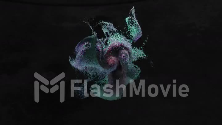 Abstract concept. A cloud of colored chaotically moving particles on an isolated black background. Blue, purple, color