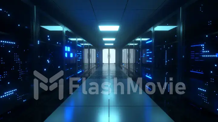 Big data servers. Data Solutions. Server room with working flickering panels behind the glass. Data center and internet. 3d illustration