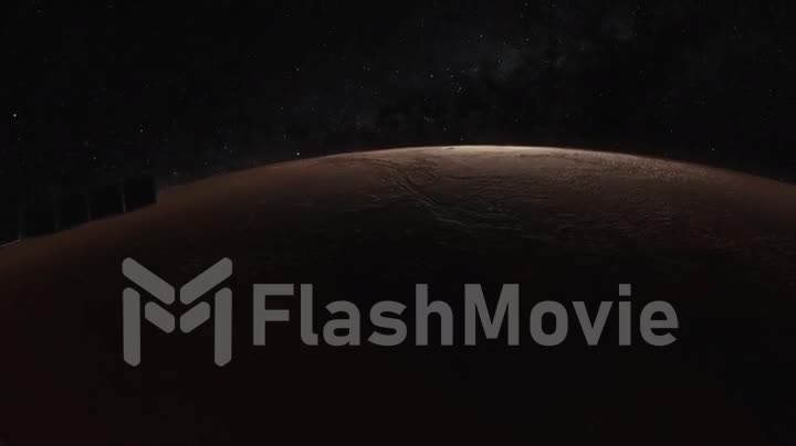 Cosmos concept. A space satellite flies over the red planet. Mars. 3d animation