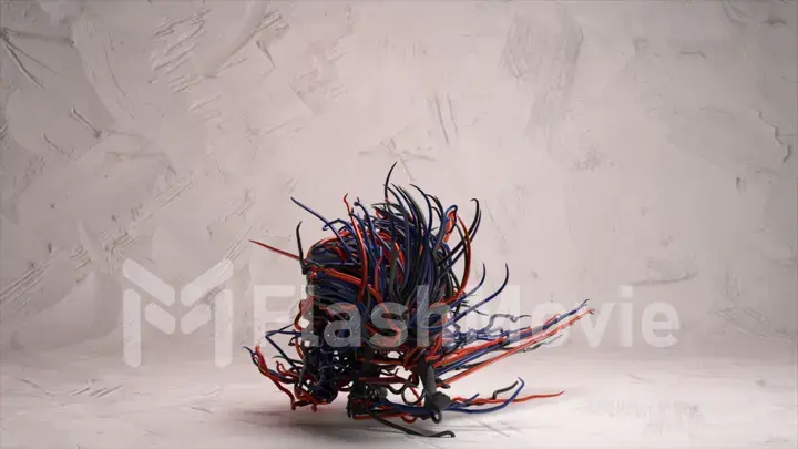 Abstract concept. A hairy figure in the shape of a man dances against a white wall. Red blue hair. 3d illustration.