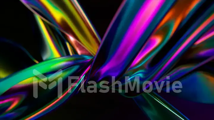 Ribbons of a metallic rainbow color are tightly twisted together against an abstract background. Binding. Interlacing.