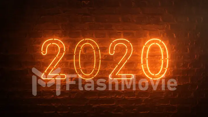 2020 fire orange neon sign background new year concept. Happy New Year. Brick background. Flicker light. 3d illustration