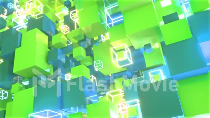 Abstract motion of colorful cubes with neon glowing cubes. Seamless loop 4k animation