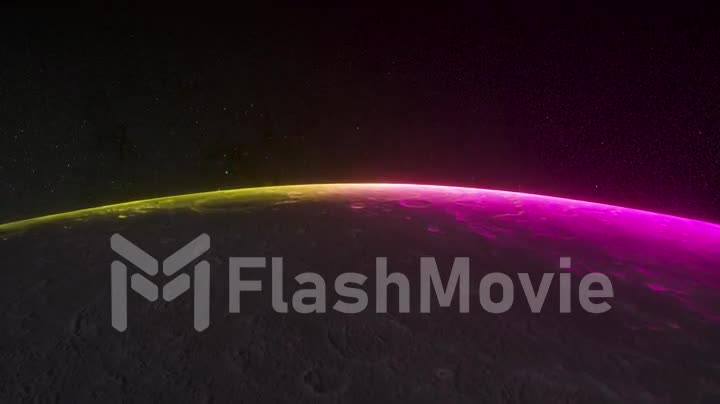 Fantastic neon sunrise on the moon from space. The rotation of the moon. Modern ultraviolet lighting. Yellow purple light spectrum. Stars and space. 3d animation