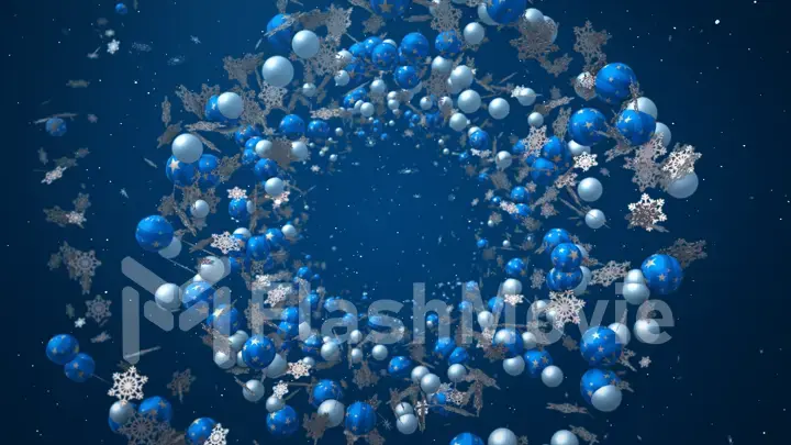 New year christmas background with christmas balls and snow in blue 3d illustration