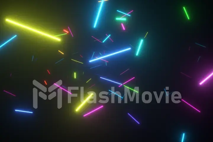 Infinite flight in space among fluorescent neon lamps. Modern rainbow spectrum. 3d illustration