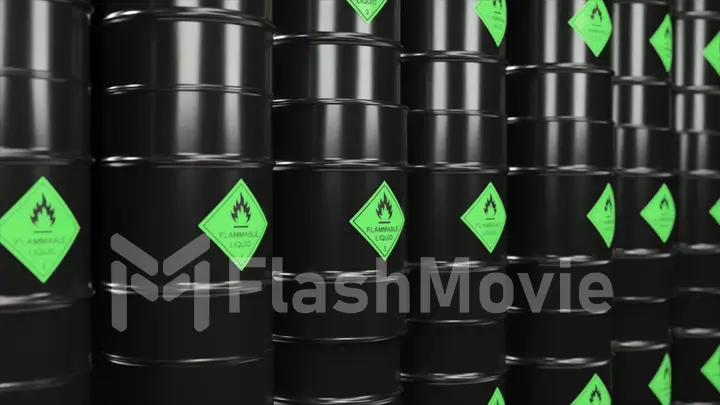 Barrels with biological toxic substances stand next to each other. Warehouse of dangerous combustible materials.