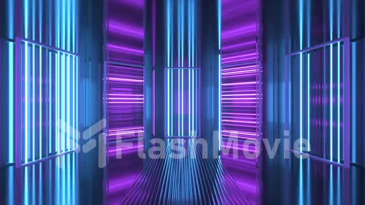 Neon background. Purple and blue neon background appears and disappears. Bright live neon background. Metallic room.