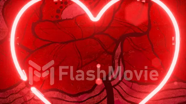 Red neon heart blinking. Red diamond-shaped particles fly around. Abstract drawing of a flower in the background.