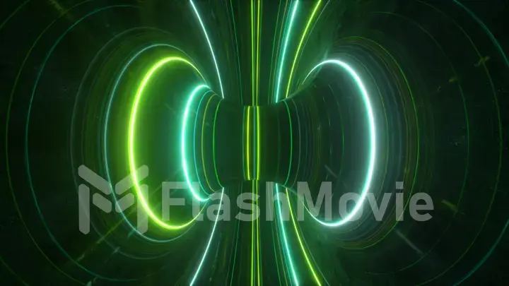 Abstract futuristic neon background with rotating glowing lines, speed of light, ultraviolet rays, twisted electromagnetic vortex. 3d illustration