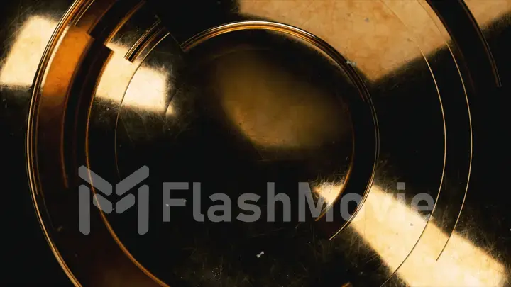 Golden modern business video background. Rotating parts of a circle. Spiral scratched surface concept. 3d illustration