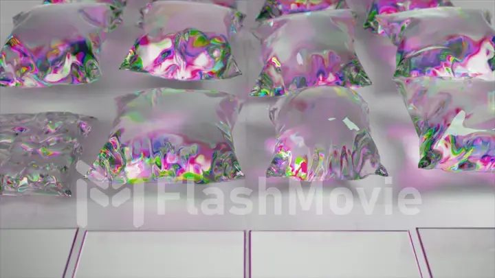 Metal square tiles transform into flying transparent pillows. Light refraction. Diamond. 3d illustration